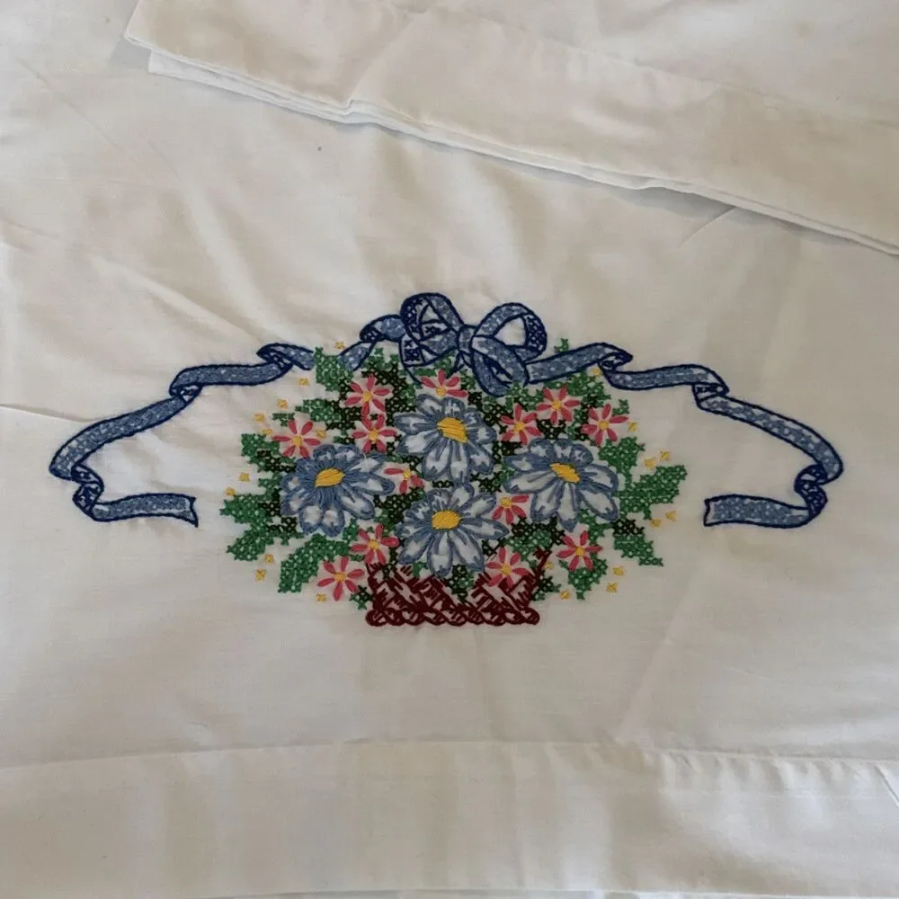 Vintage Pillowcase Pair Embroidered Pastel Flowers Grandma Cottage Core